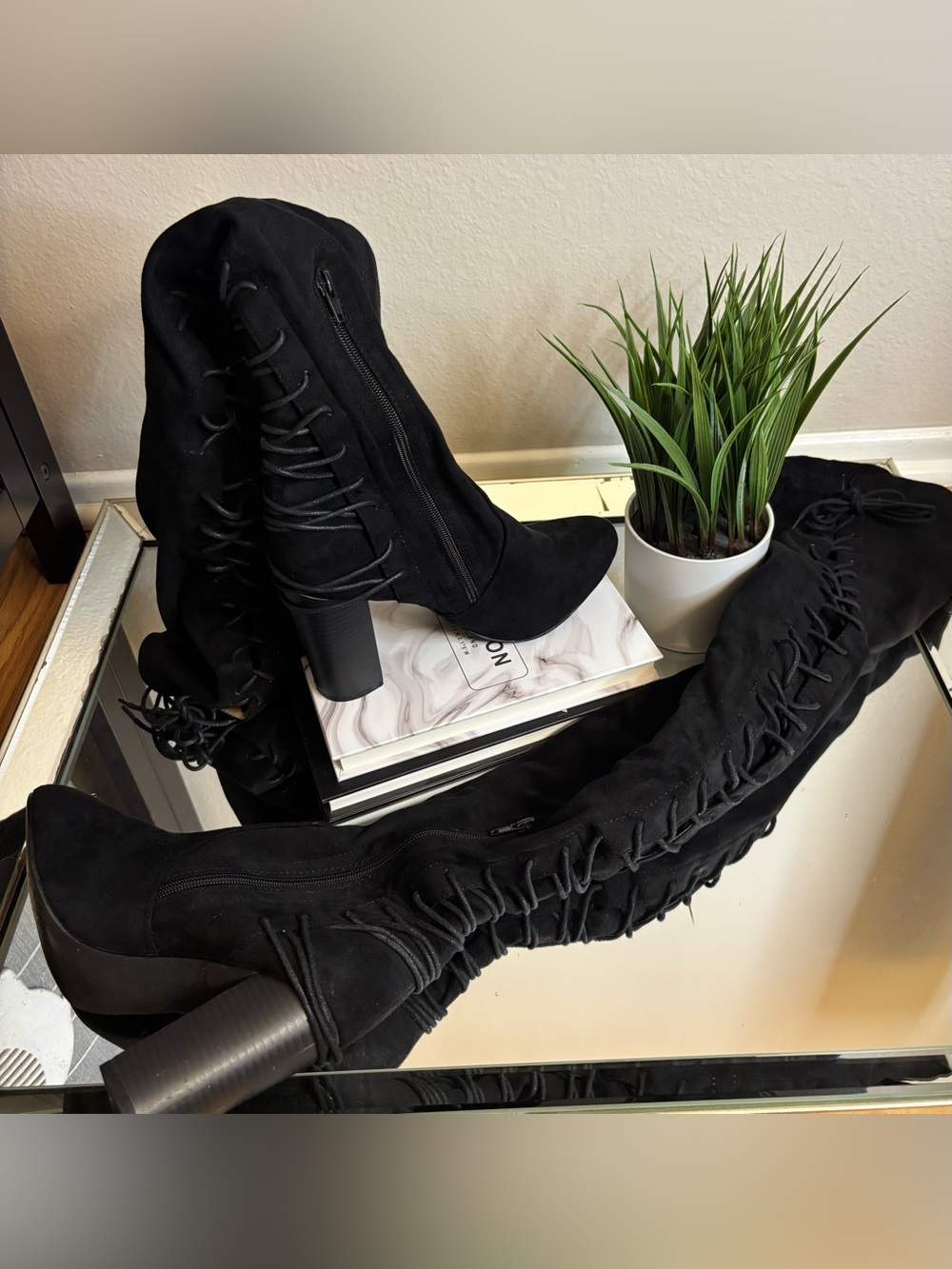Black Lace-Up Over-the-Knee Women's Boots